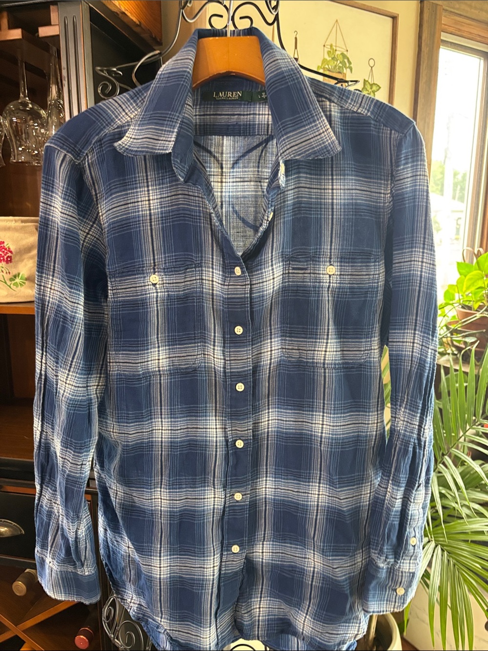 Lauren Ralph Lauren Womens Blue Plaid Casual Button-Down Shirt